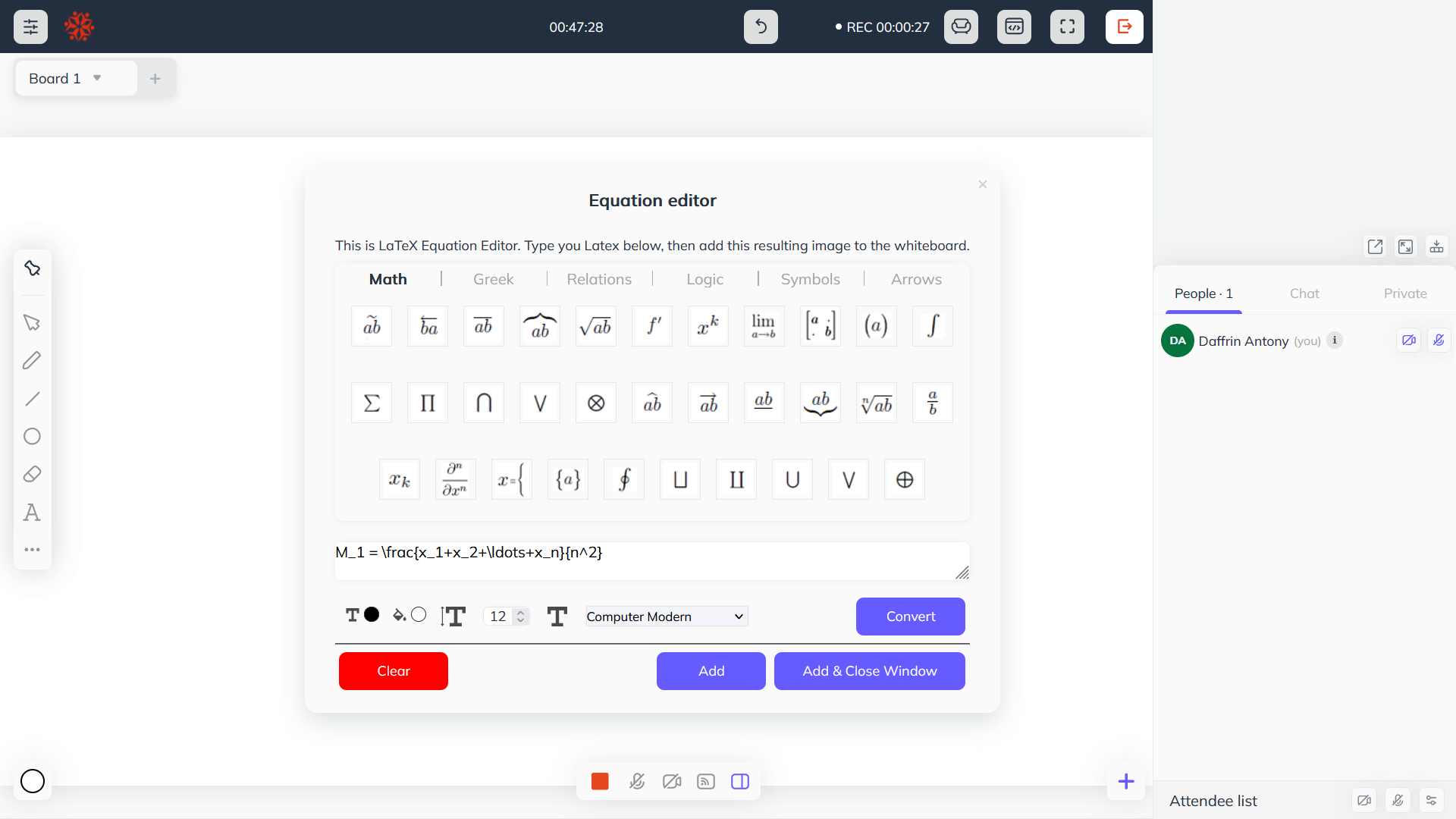 A Guide to Use LaTeX Equations on an Interactive Whiteboard